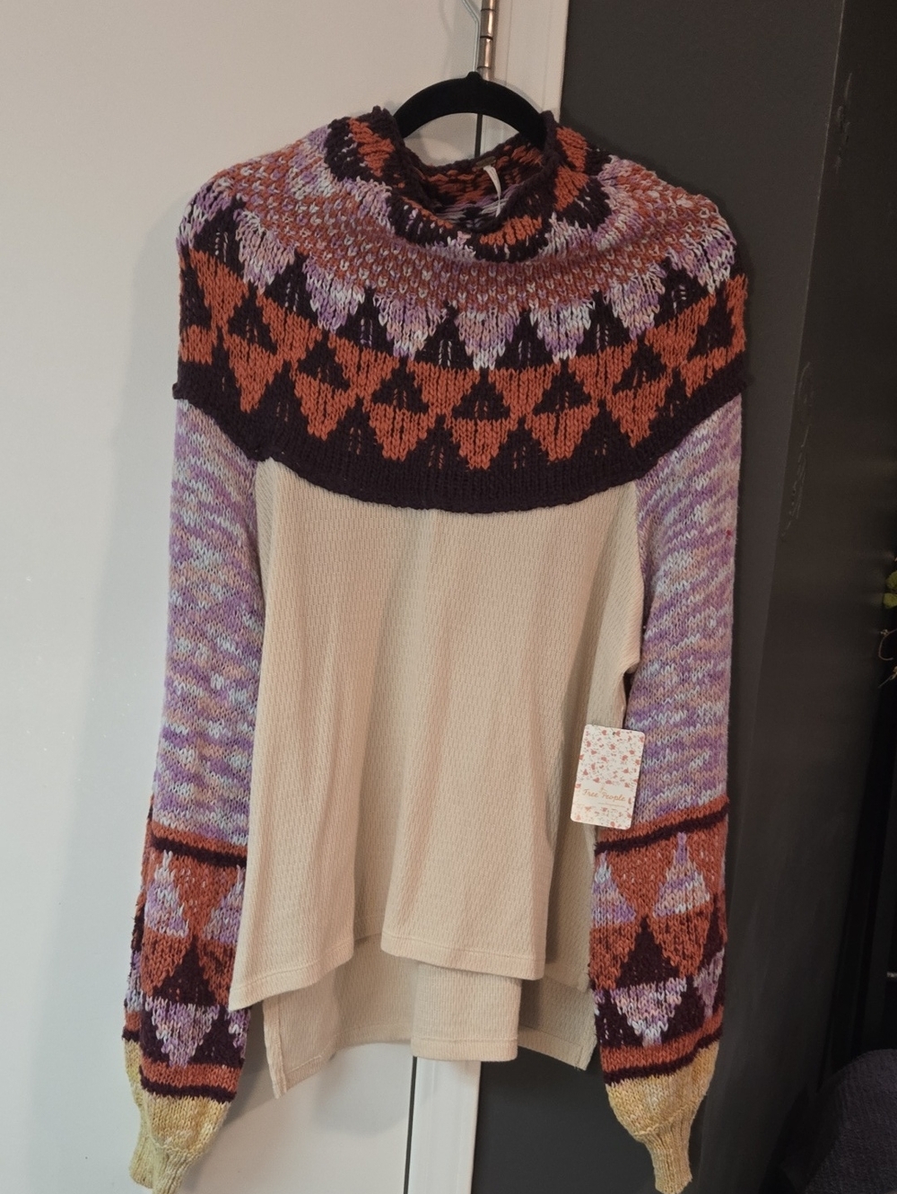 Free People Cozy Multicolor Knit-Yoke Women's Sweater - Cream & Lavender